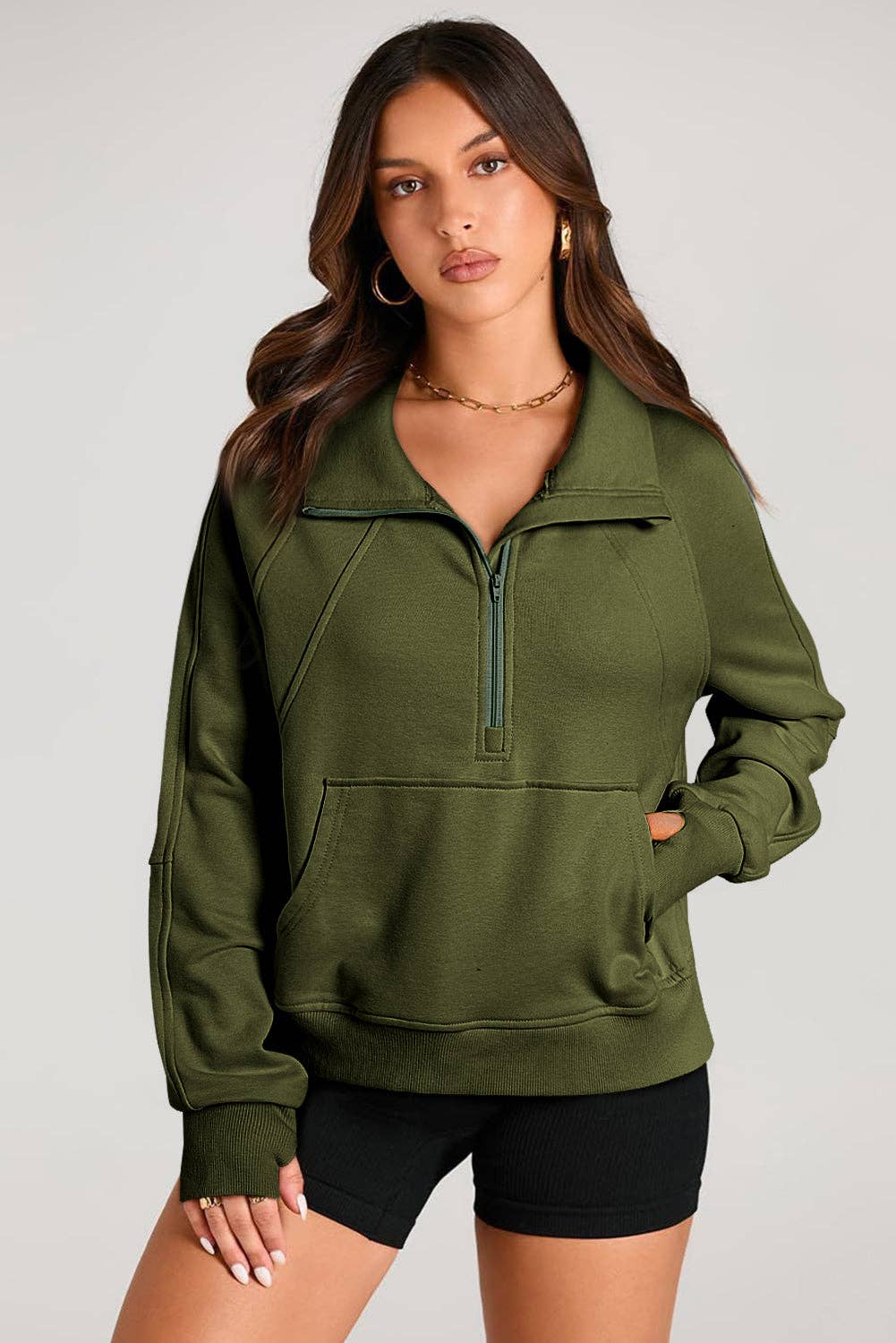 Lovesoft - Wholesale Sweatshirt - Women's - Solid Color Quarter Zip Stand Neck Kangaroo Pocket Sweatshirt19