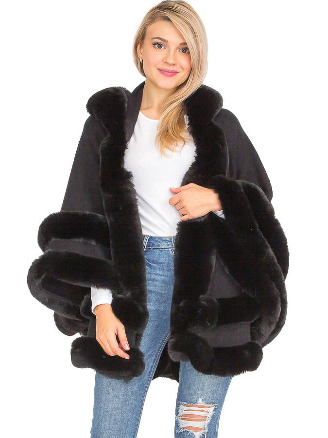 Cap Zone - Wholesale Cape - Women's - Faux Fur Lined Hooded Open Silhouette Shawl Cape