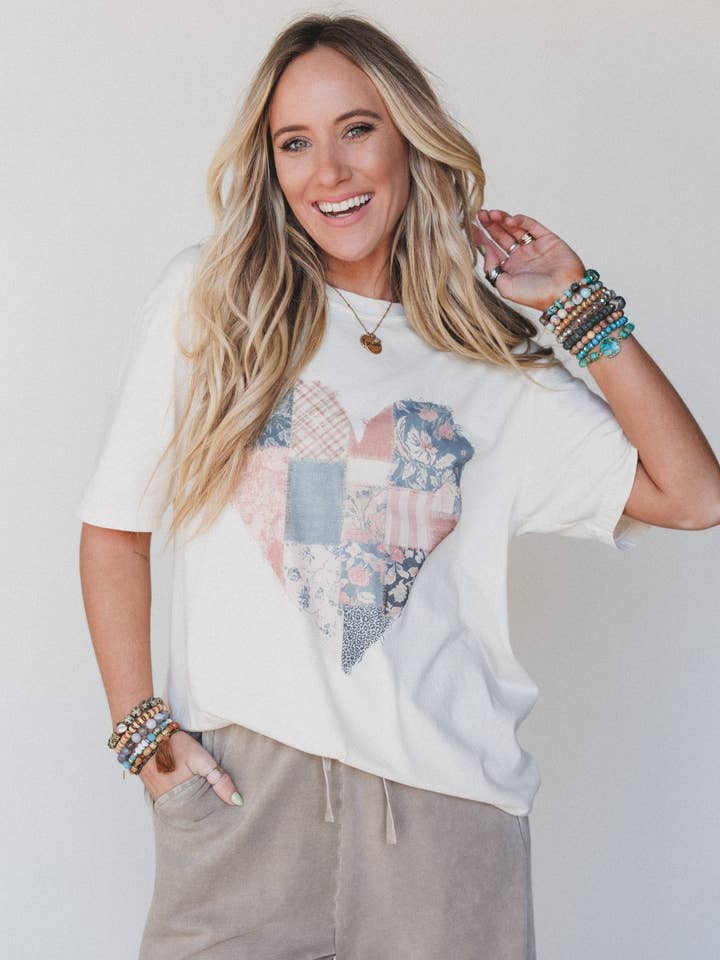 Patches Of Love Graphic Tee - Ivory for wholesale by Three Bird Nest