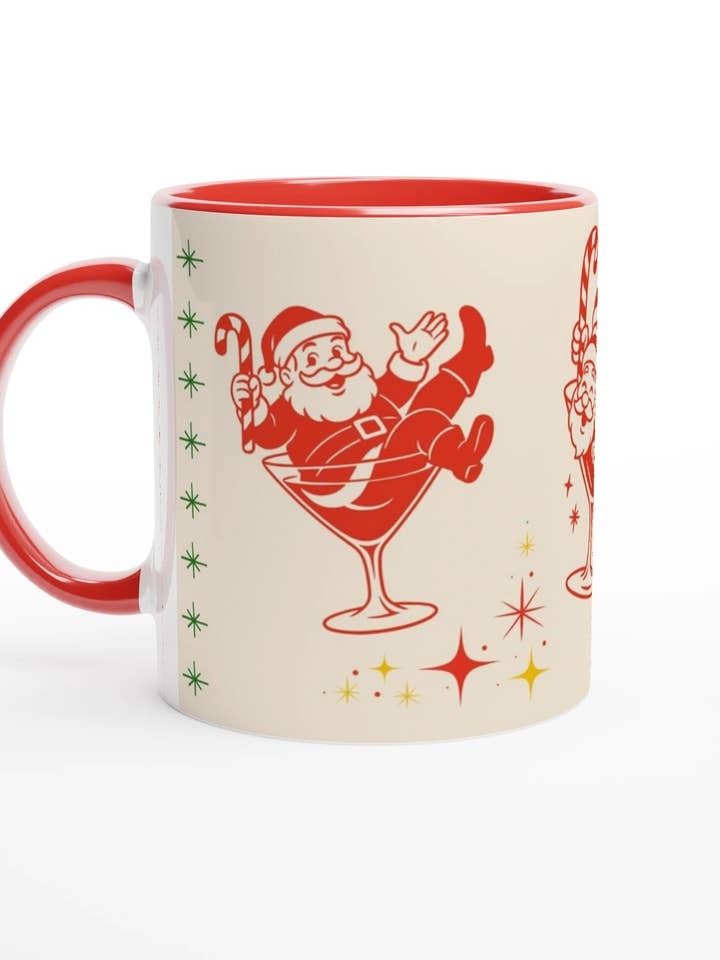 Martini Santas Holiday Mug – 11oz Ceramic with Contrasting Red for wholesale by Golly Gee Press