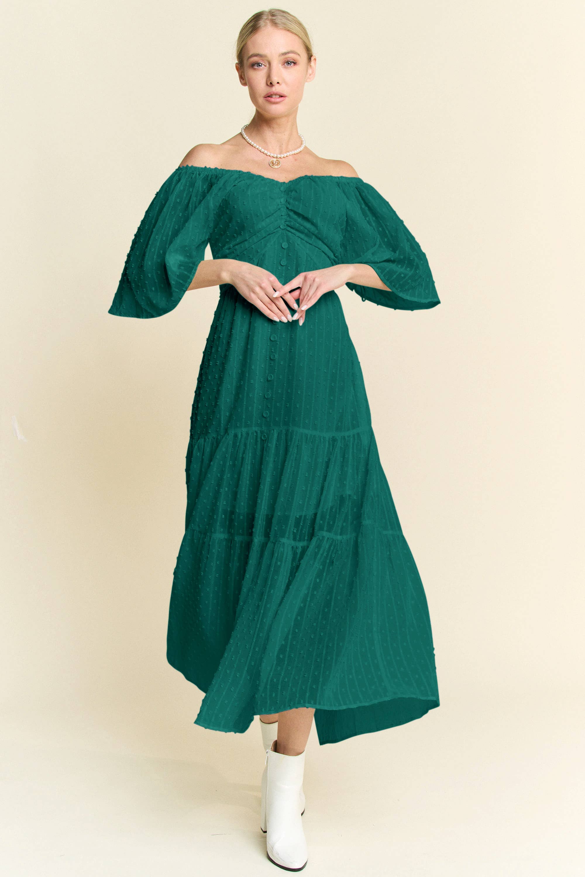 Davi & Dani – wholesale Dress – Women's – SWISS DOTTED RUCHED RUFFLE OPEN BACK MIDI DRESS17