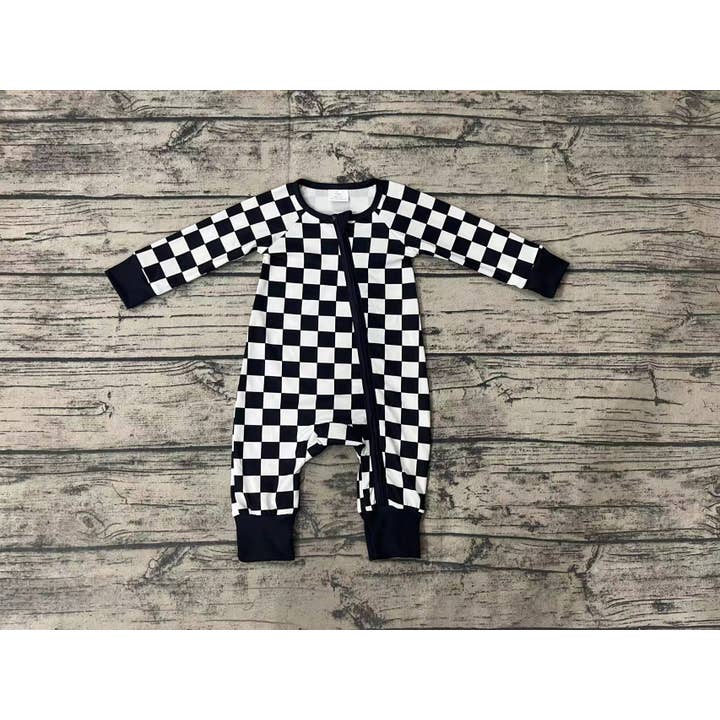 Aier Wholesale - Wholesale Sleepsuit - Baby - Baby Infant Kids Black Checkered Long Sleeve Zip Sleepers Ro2
