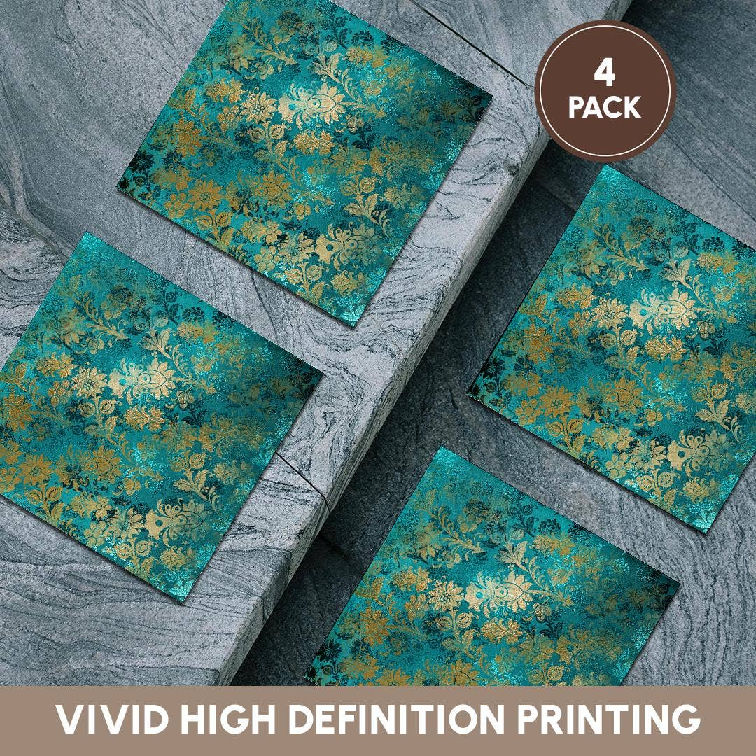 3dRose - Wholesale Coasters - 3dRose, Teal Green and Image Of Gold Art Nouveau Floral Pattern, Coaster5