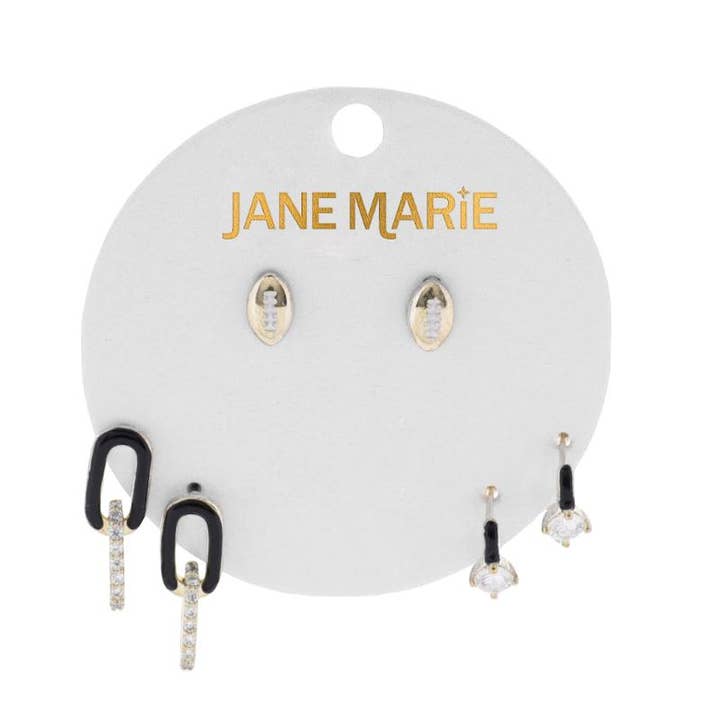 Black Set of 3, Football, Crystal Link, Huggie Earring for wholesale by Jane Marie