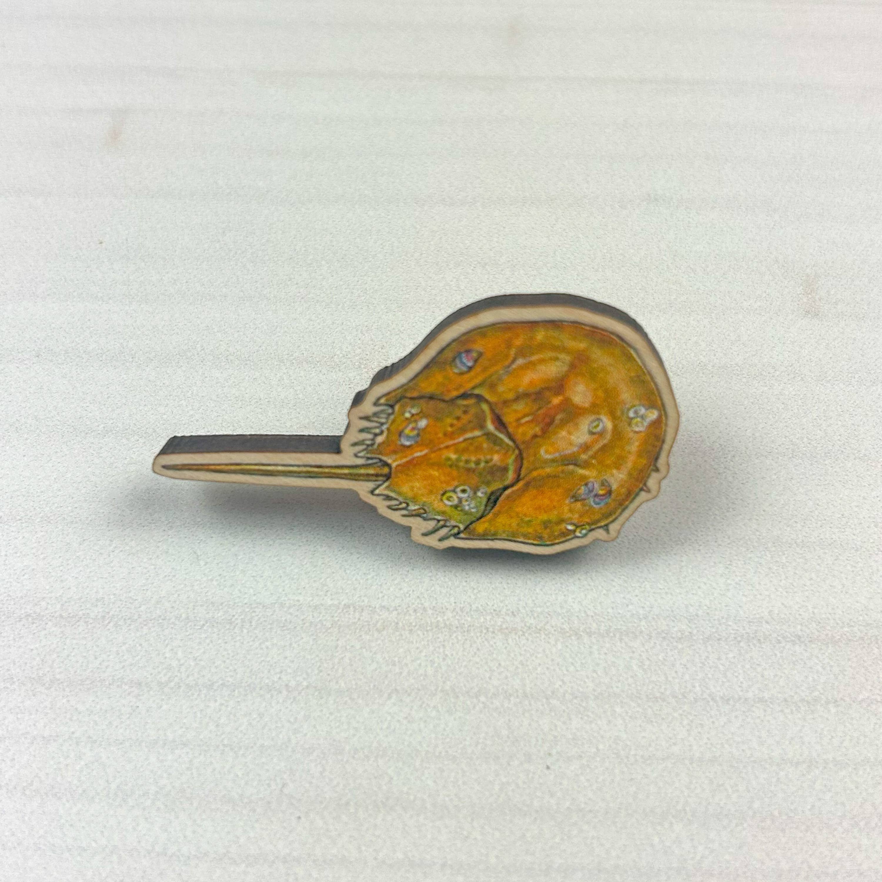 Sarah Draws Things - Wholesale Lapel Pin/Button - Horseshoe Crab - 1.5" illustrated wooden pin3