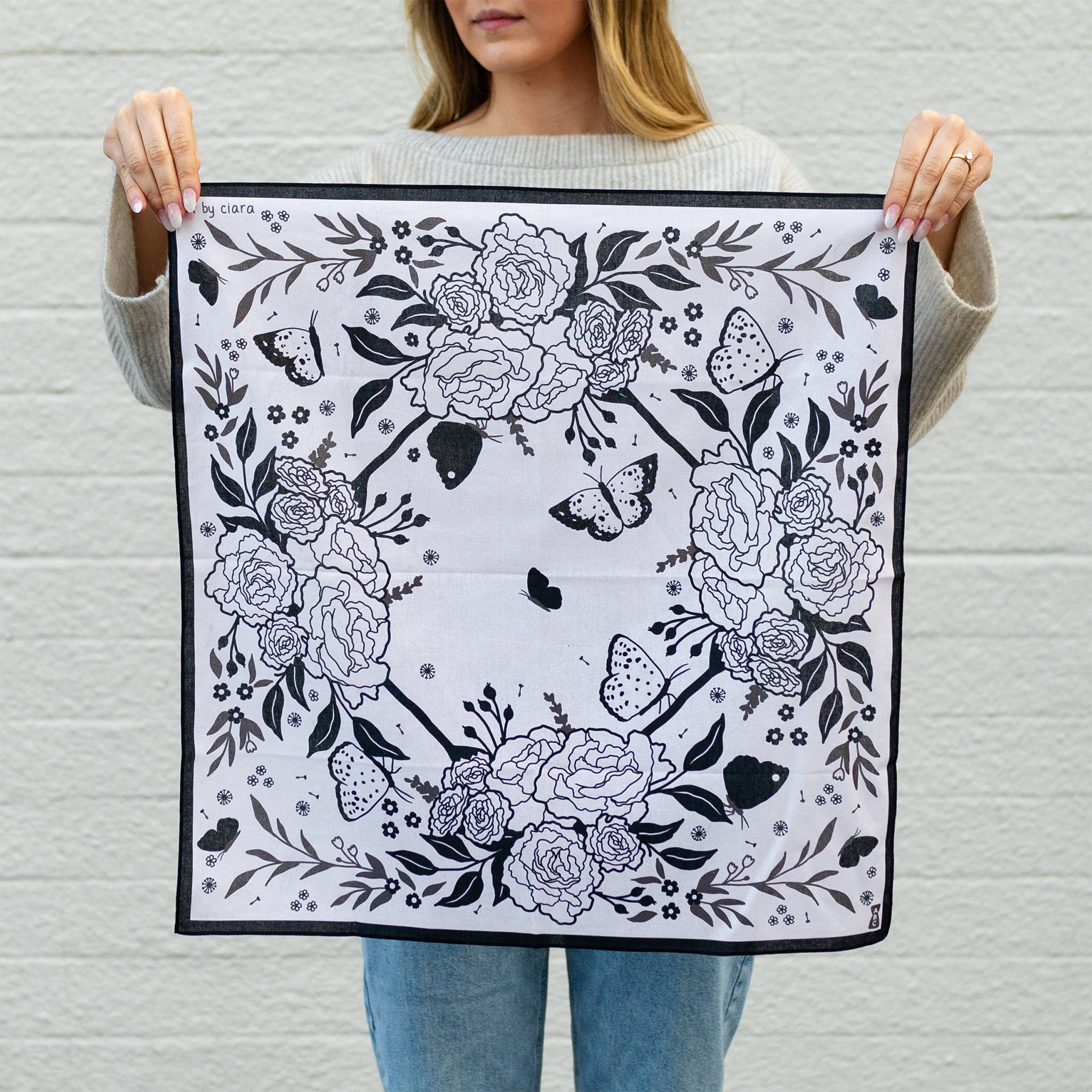 Art by Ciara - Wholesale Bandana - Women's - Black Butterfly and Flowers Bandana1