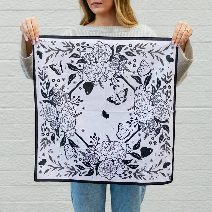 Art by Ciara - Wholesale Bandana - Women's - Black Butterfly and Flowers Bandana1