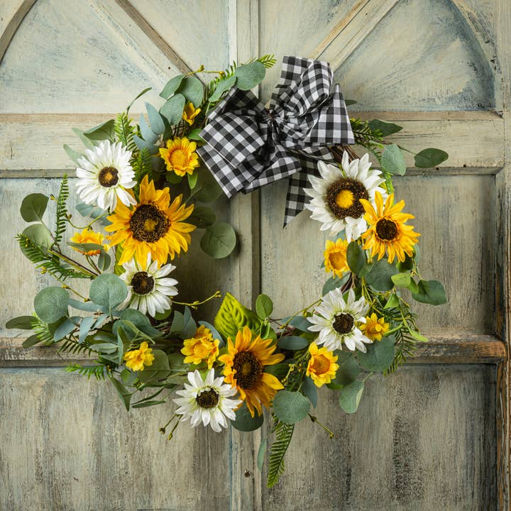 Sunflower Wreath With Checkered Bow On A Twig Base, 11in for wholesale by KMI International Corp.