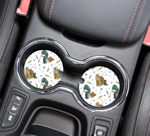 Prairie Chicken Sticker Shop & Gifts - Wholesale Car Coaster - Unisex - Fishing Lures & Poles Neoprene Car Coaster Set 1