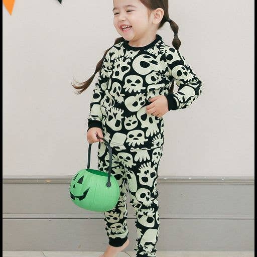 Black Skull Boom Halloween Cotton Long Sleeve PJs for wholesale on Faire