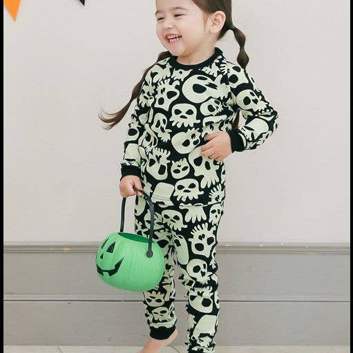 Black Skull Boom Halloween Cotton Long Sleeve PJs for wholesale on Faire4