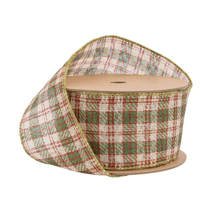 Nastro cablato da 2 1/2" | Scozzese bianco/rosso/verde | Rotolo da 10 iarde per la vendita all'ingrosso da parte di LA Ribbons Wholesale