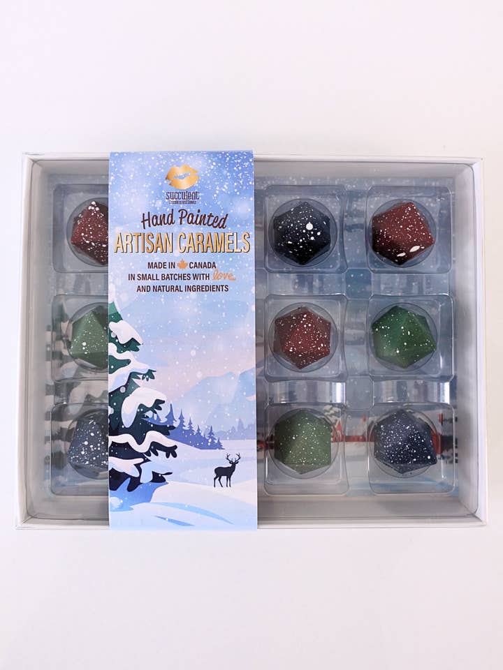 Caramels - Box of 12 Winter Collection for wholesale by Succulent Chocolates & Sweets Inc