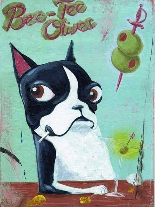 Boston Terrier, BT Brand Olives, Dog Art Print for wholesale by Brian Rubenacker studios