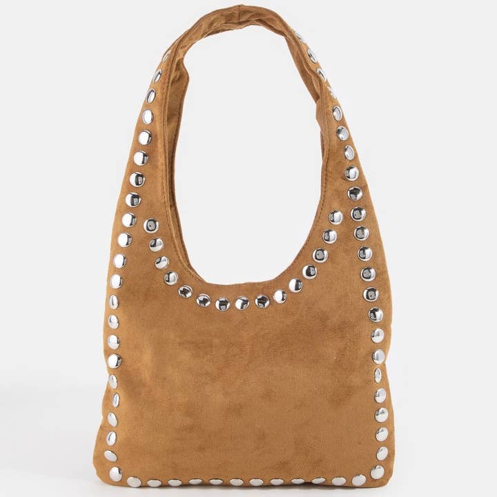 Grommet Border Studded Suede Shoulder Bag for wholesale by Collections by Fame Accessories
