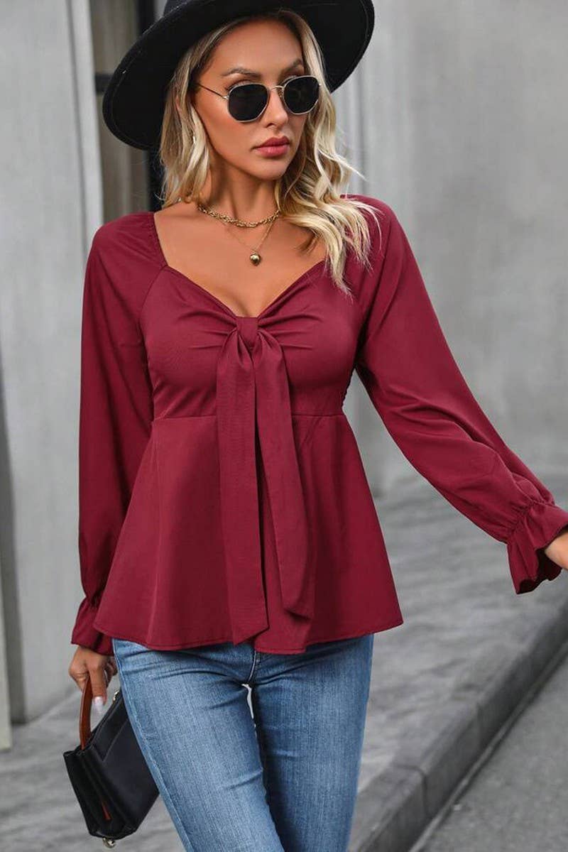 RED FRENCH SWEETHEART BOW TIE FRONT RUFFLED SHIRT for wholesale on Faire2