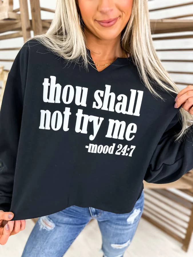 Thou Shall Not Try Me Black Split Neck & Cropped Graphic CRW for wholesale by birdie