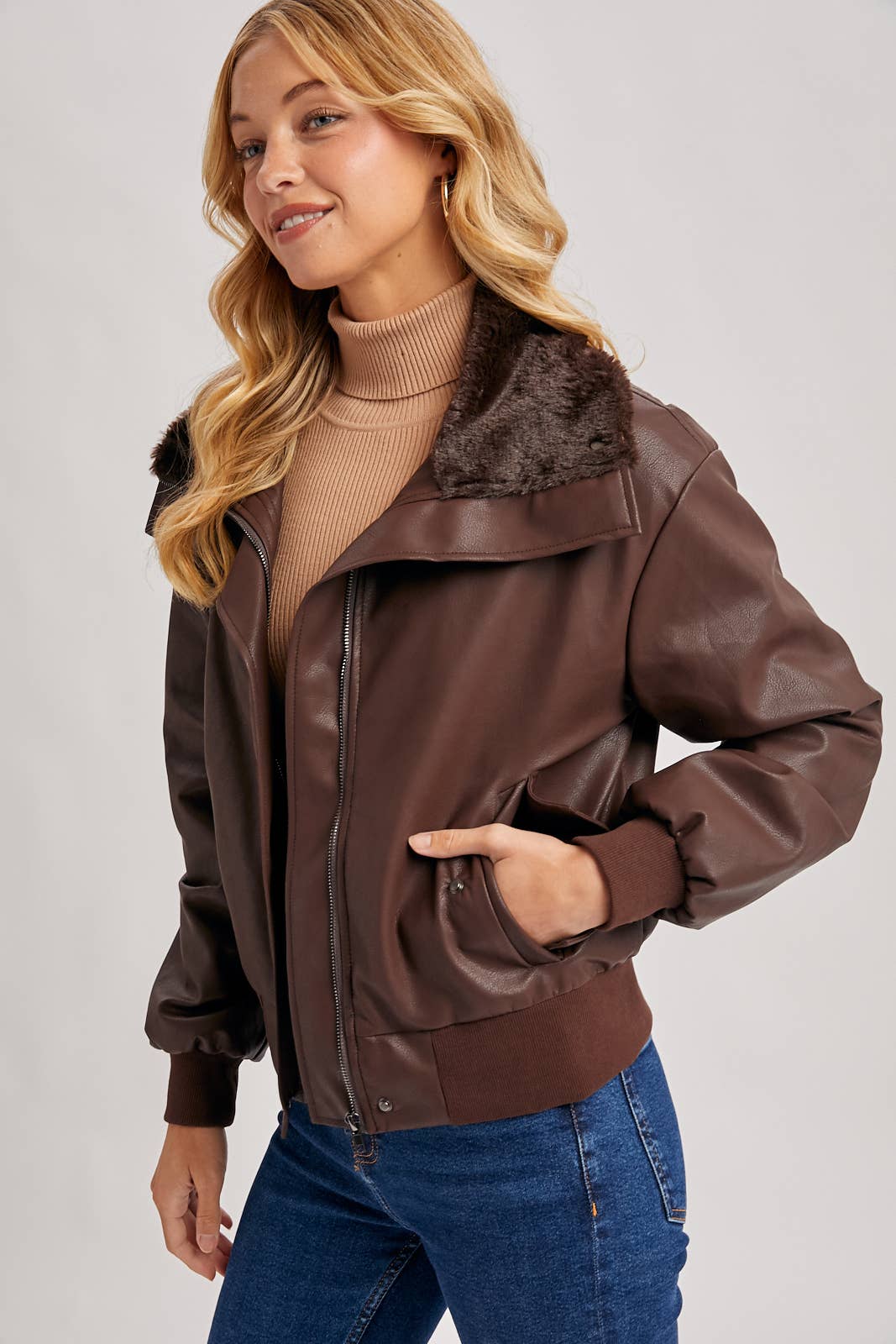 Bluivy - Wholesale Bomber Jacket - Women's - AVIATOR FAUX LEATHER AND FUR TRIMMED BOMBER JACKET20