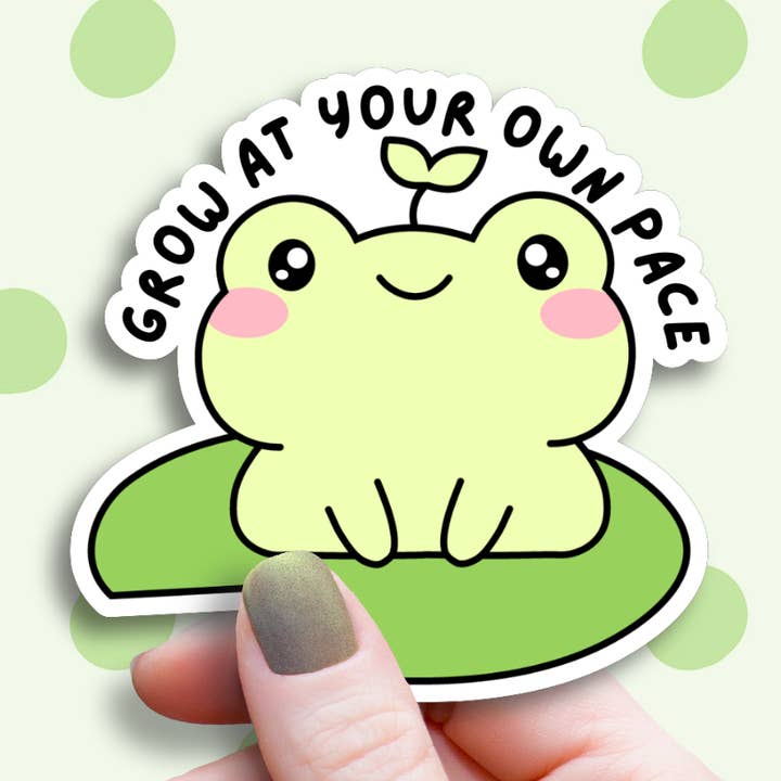 Grow at Your Own Pace Motivational Frog Sticker for wholesale by Saguaro Sunset Studio
