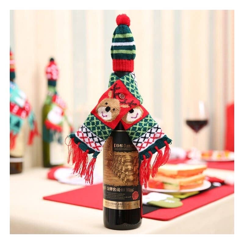 UZ Wholesale Store - Vendita all'ingrosso Decorazione natalizia - Set di decorazioni per bottiglie di vino con cappello a sciarpa natalizia2