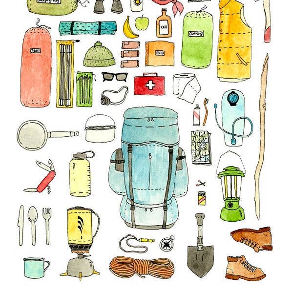 Backpacking gear Print for wholesale by Jodi Lynn's Emporium of Doodles