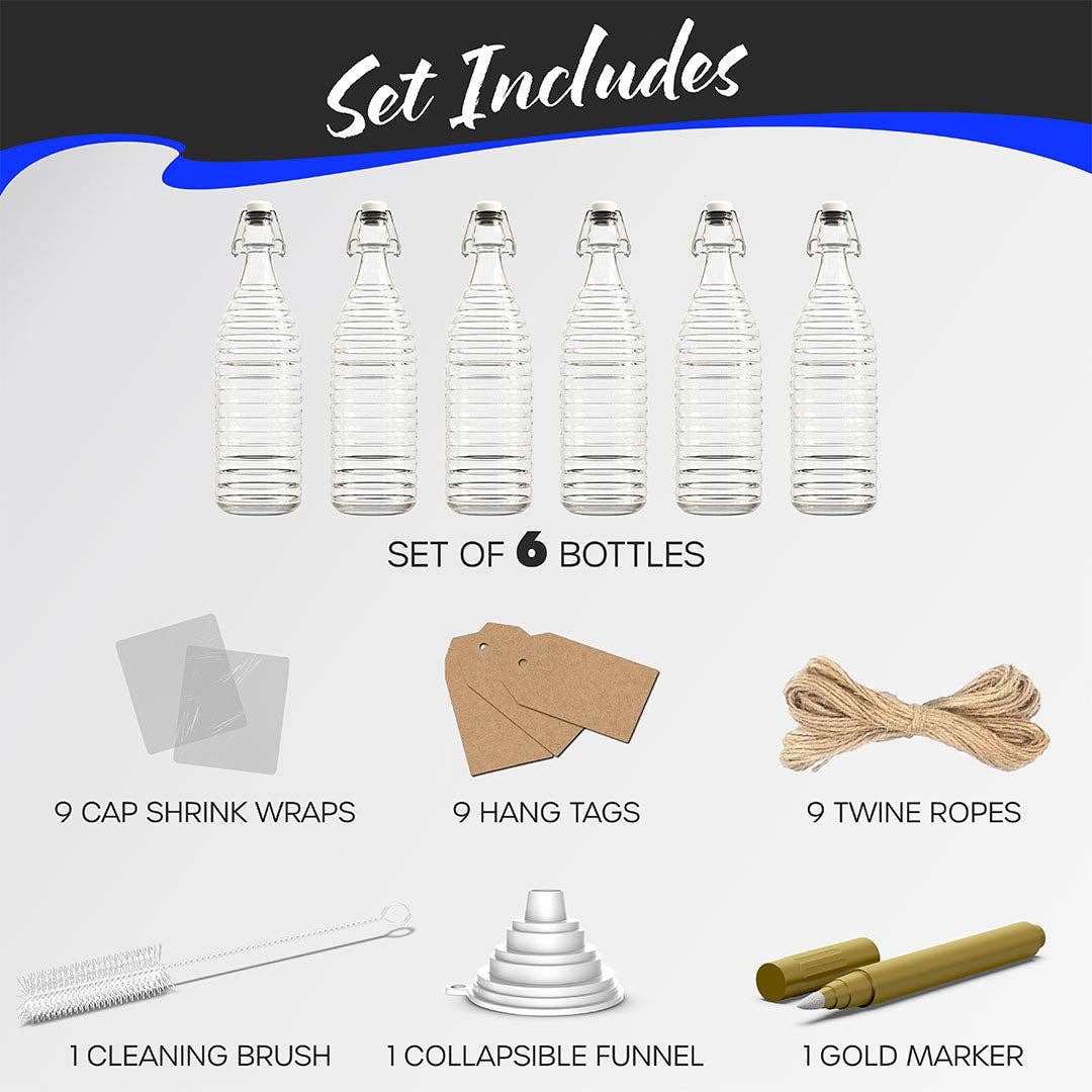 Nevlers - Wholesale Jar - Nevlers 33 oz Ringed Swing Top Glass Bottles (Pack of 6) | Includes Funnel, Brush, Tags, Shrink Wrap and Marker7