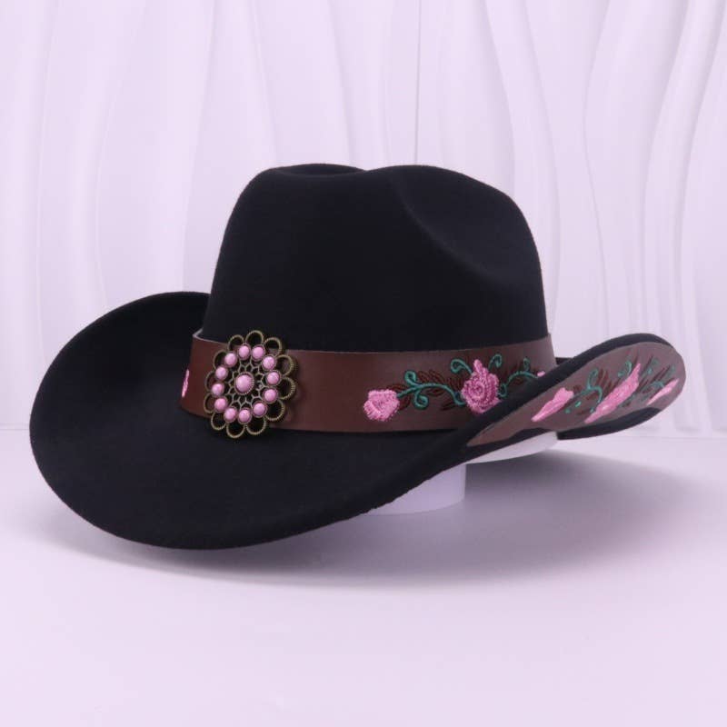 PEACH ACCESSORIES – Chapéu de cowboy - Mulher por atacado – Chapéu de Cowboy com Rosas Bordadas e Detalhe de Concho WA2181