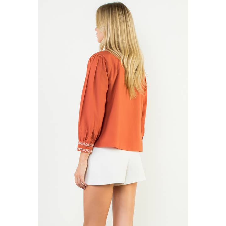 RUST Long Sleeve Embroidered Detail Button Up Top for wholesale on Faire4
