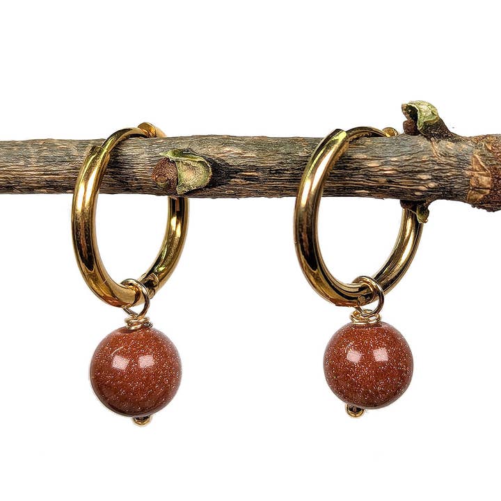 18K Real Gold Plated Stainless Steel Huggie Hoop Goldstone 8mm Gemstone Earrings for wholesale by Stylish Jewelry Supply