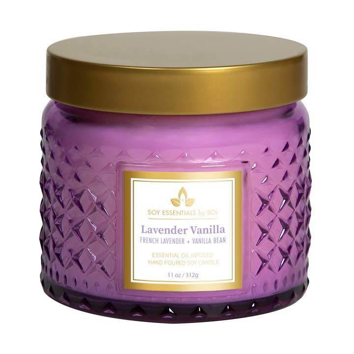 Lavender Vanilla 11oz Faceted Glass Jar Soy Candle for wholesale by The SOi Company