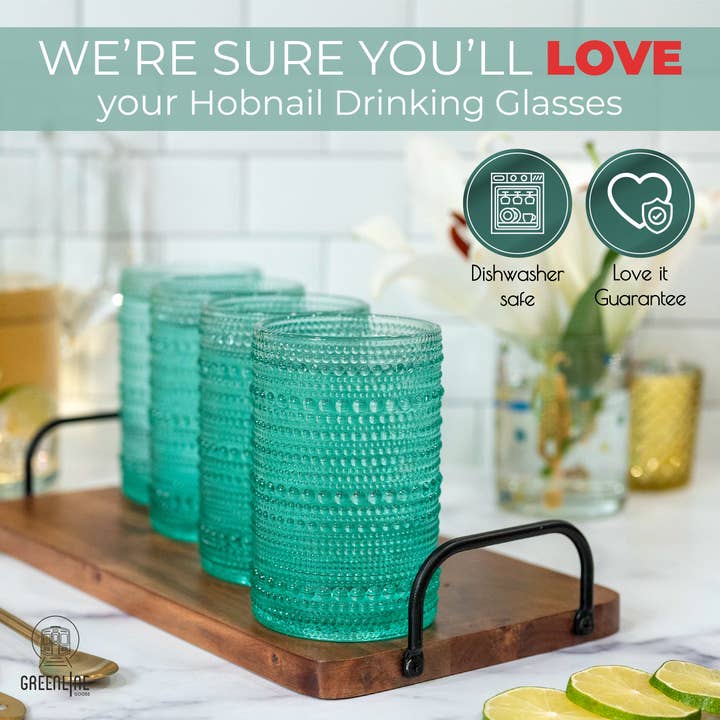 Greenline Goods - Wholesale Drinking Glass/Cup - Hobnail Drinking Glasses - Green 14 oz ( Set of 4 )5