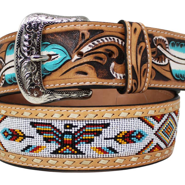 Men's Women's Western 2" Wide Feather Tooled Beaded Full-Grain Leather Belt 26RT63U2 for wholesale by Challenger