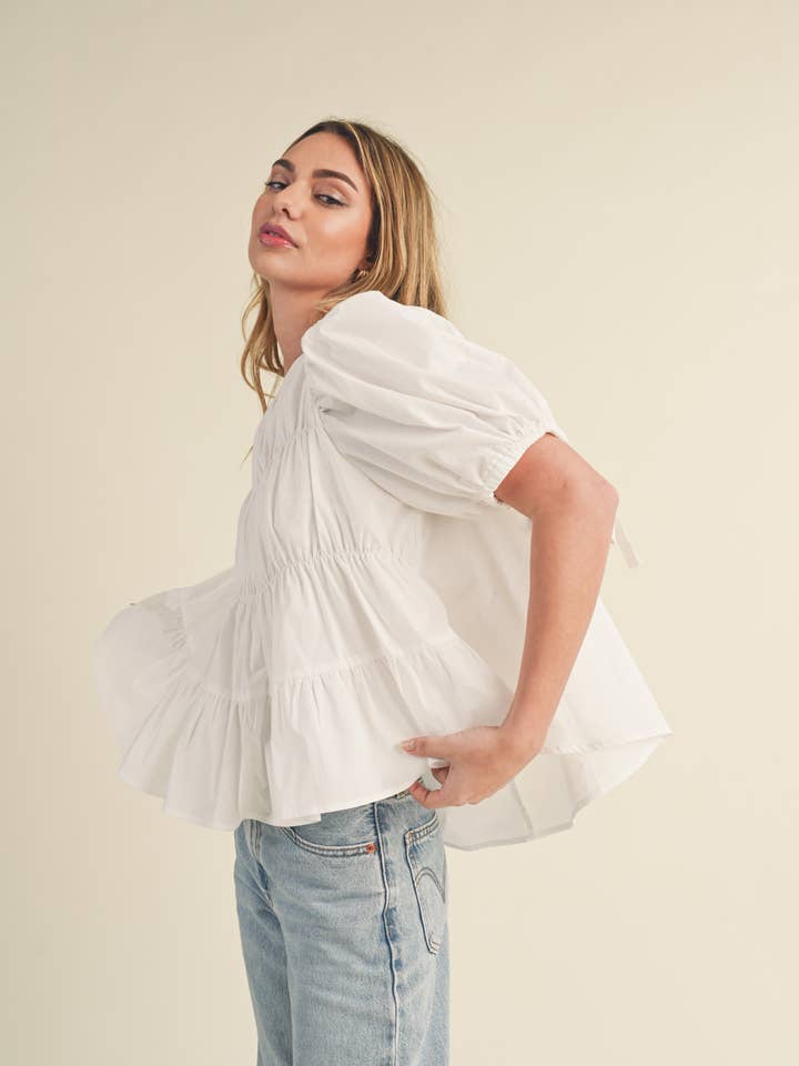 &MERCI - Wholesale Blouse - Women's - TIERED SHIRRING PUFF SLEEVE TOP MTP308150