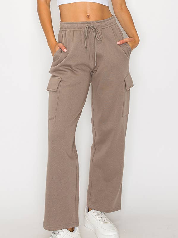 Solid color fleece sweat cargo pans with straight leg for wholesale by Color 5