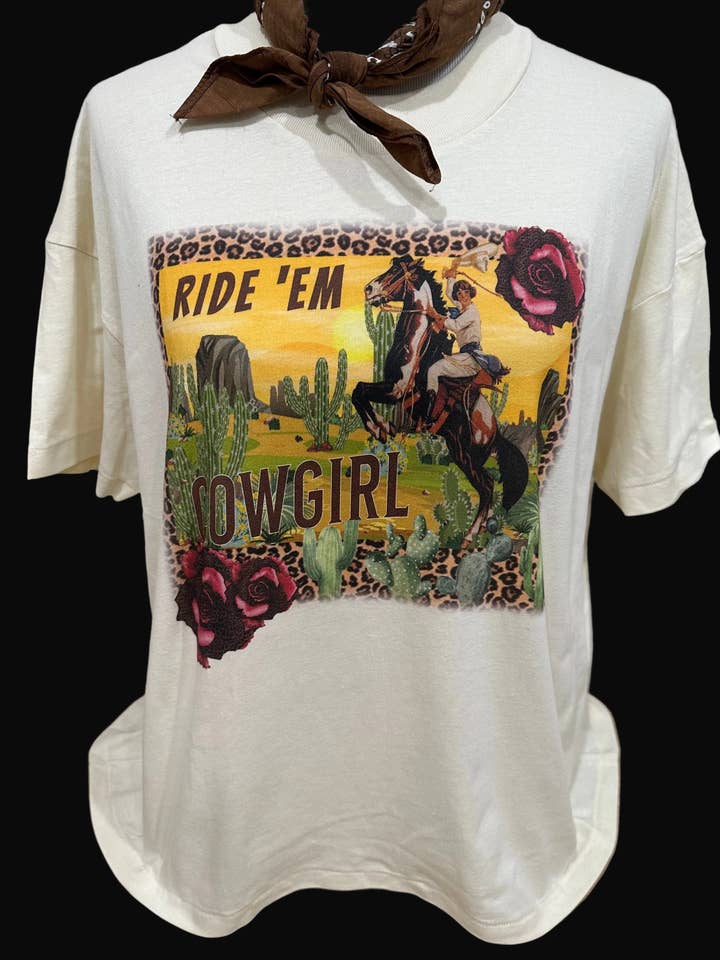 Leopard Ride Em Cowgirl on Natural Crew / Western for wholesale by Bling-A-GoGo, LLC