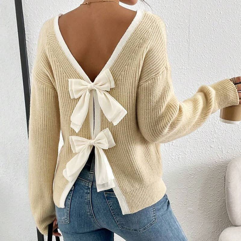 HIDDENBRAND - Wholesale Knit Sweater - Women's - Christmas Bow Decor Backless Knit Pullover Sweater0