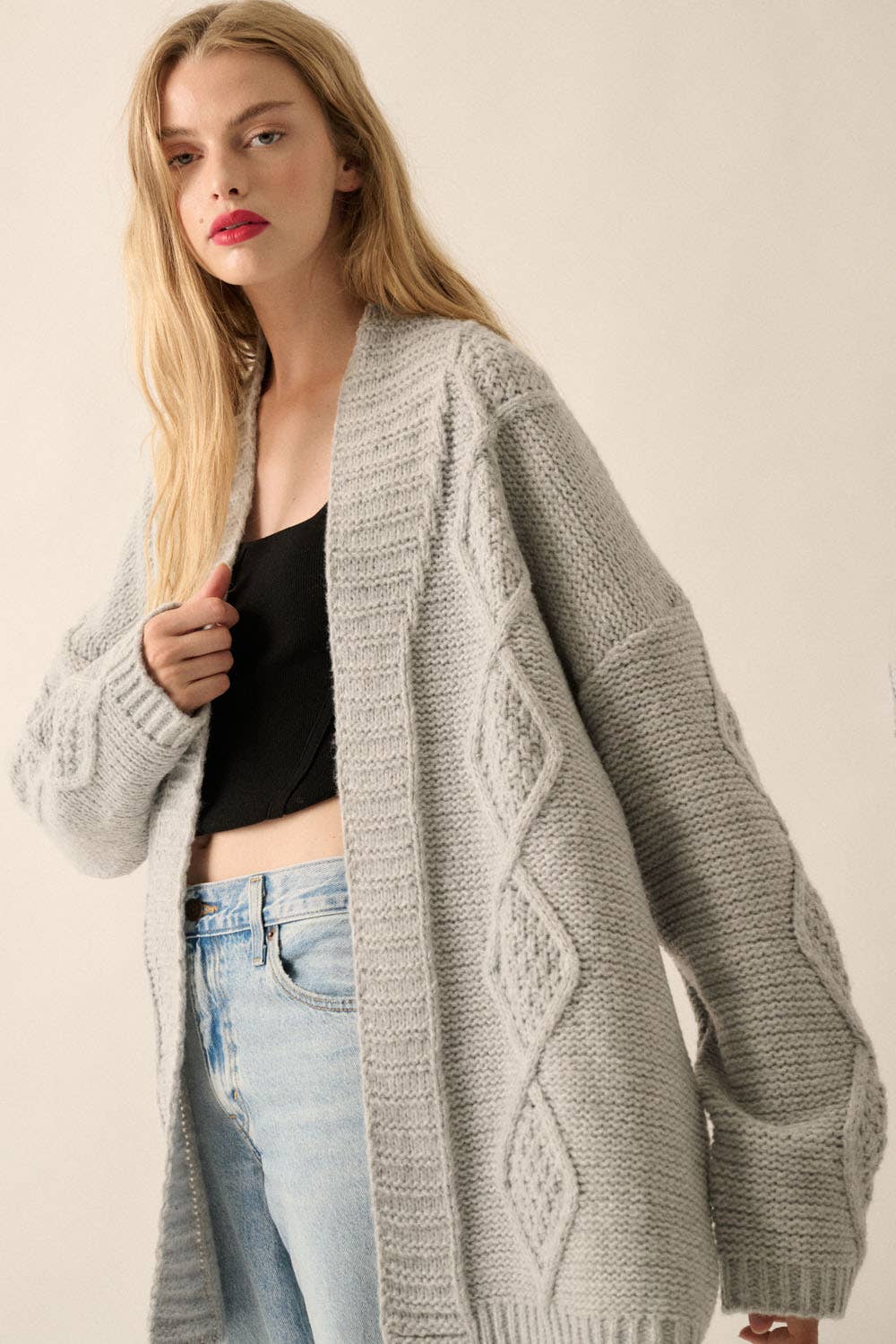 Promesa USA - Wholesale Cardigan - Women's - Oversize Cable Knit Open-Front Pocket Cardigan11