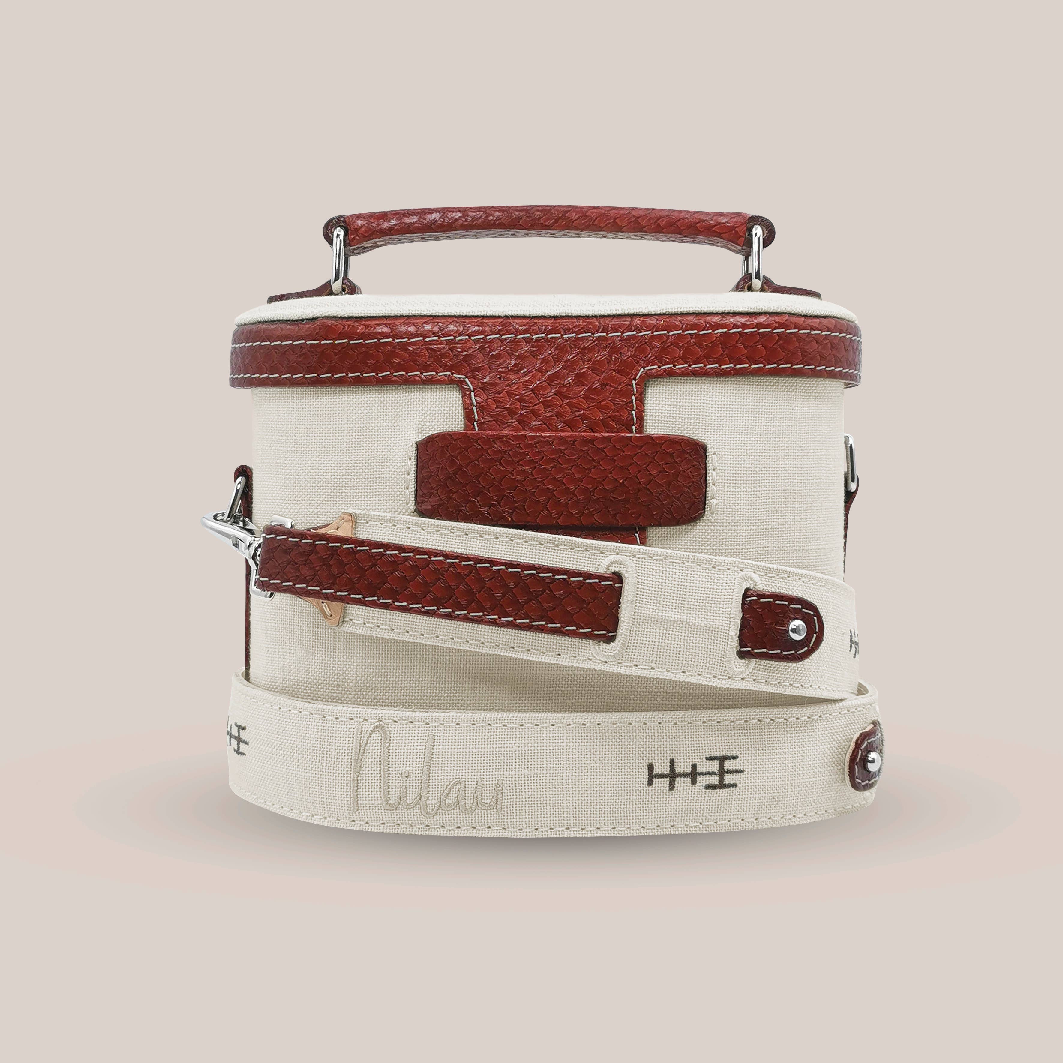 Red Salmon Leather And Linen Vanity Bag for wholesale on Faire9