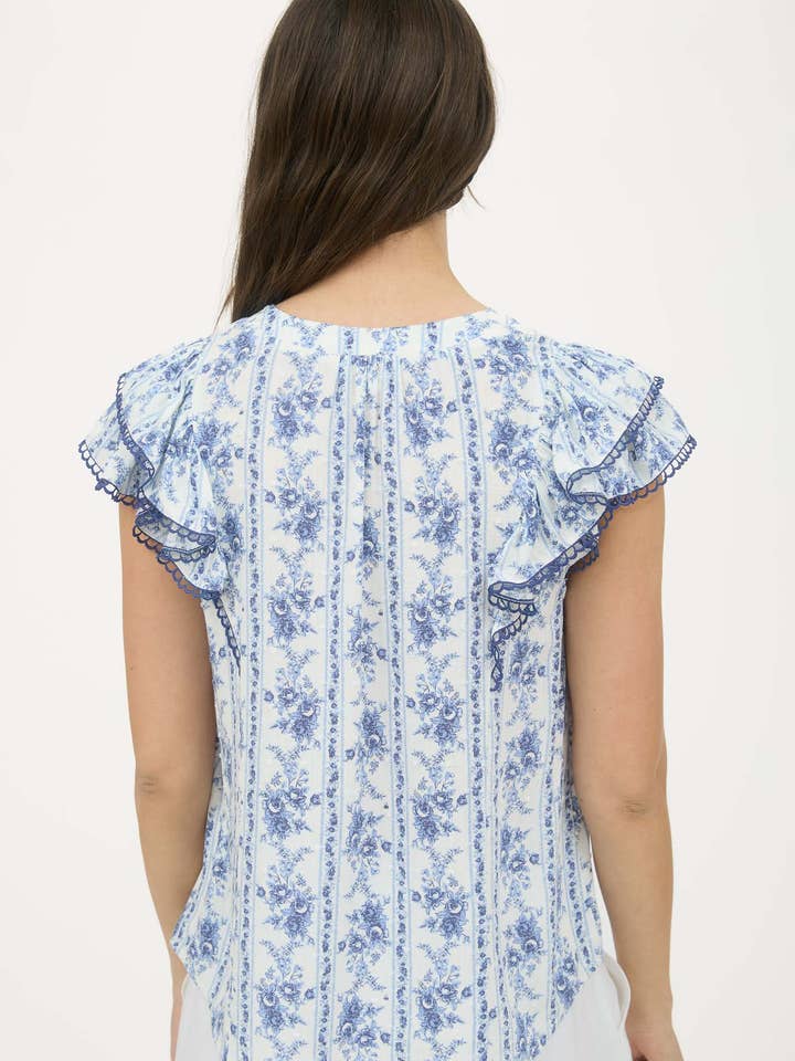 Blu Pepper - Wholesale Blouse - Women's - STRIPE FLORAL SPLIT NECK RUFFLE SLEEVE TOP