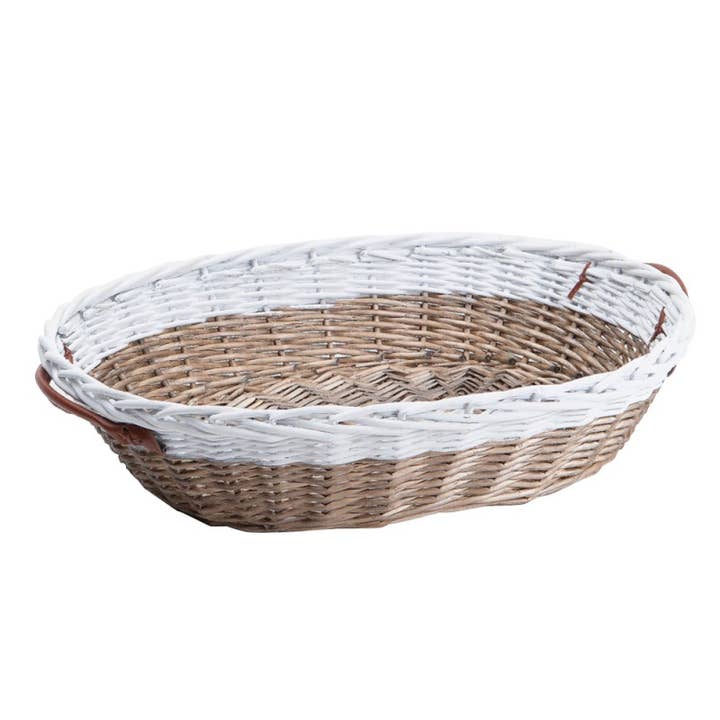 Grote ovale bruine en witte rieten mand met handvatten voor wholesale door Deffrennes