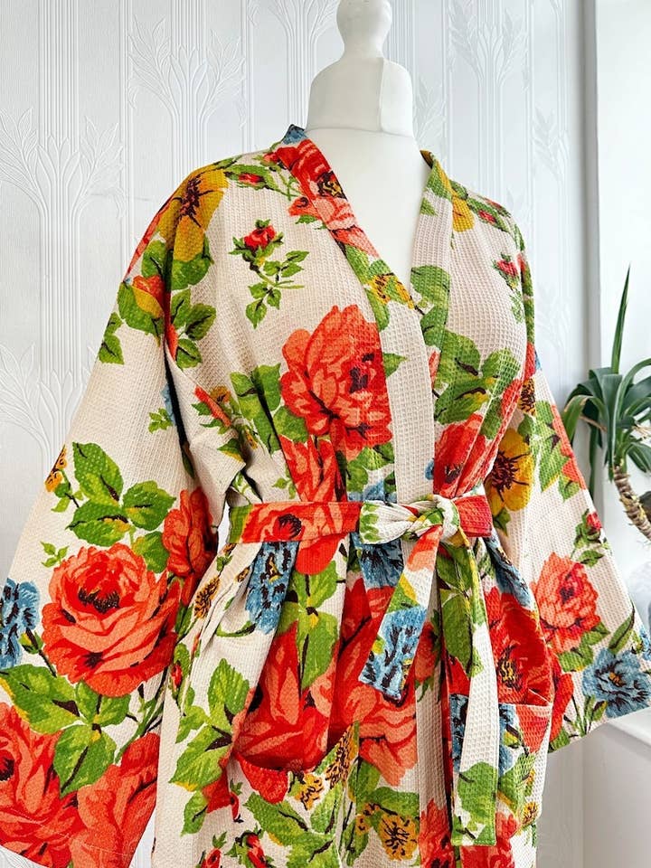 Essential Designs London – wholesale Robe – Women's – Pure Waffle Cotton Handprinted House Bath Robe Summer | Floral Spa Beach Coverup | Spring Pastel Beige Orange Rose Botanical Garden Blossom2
