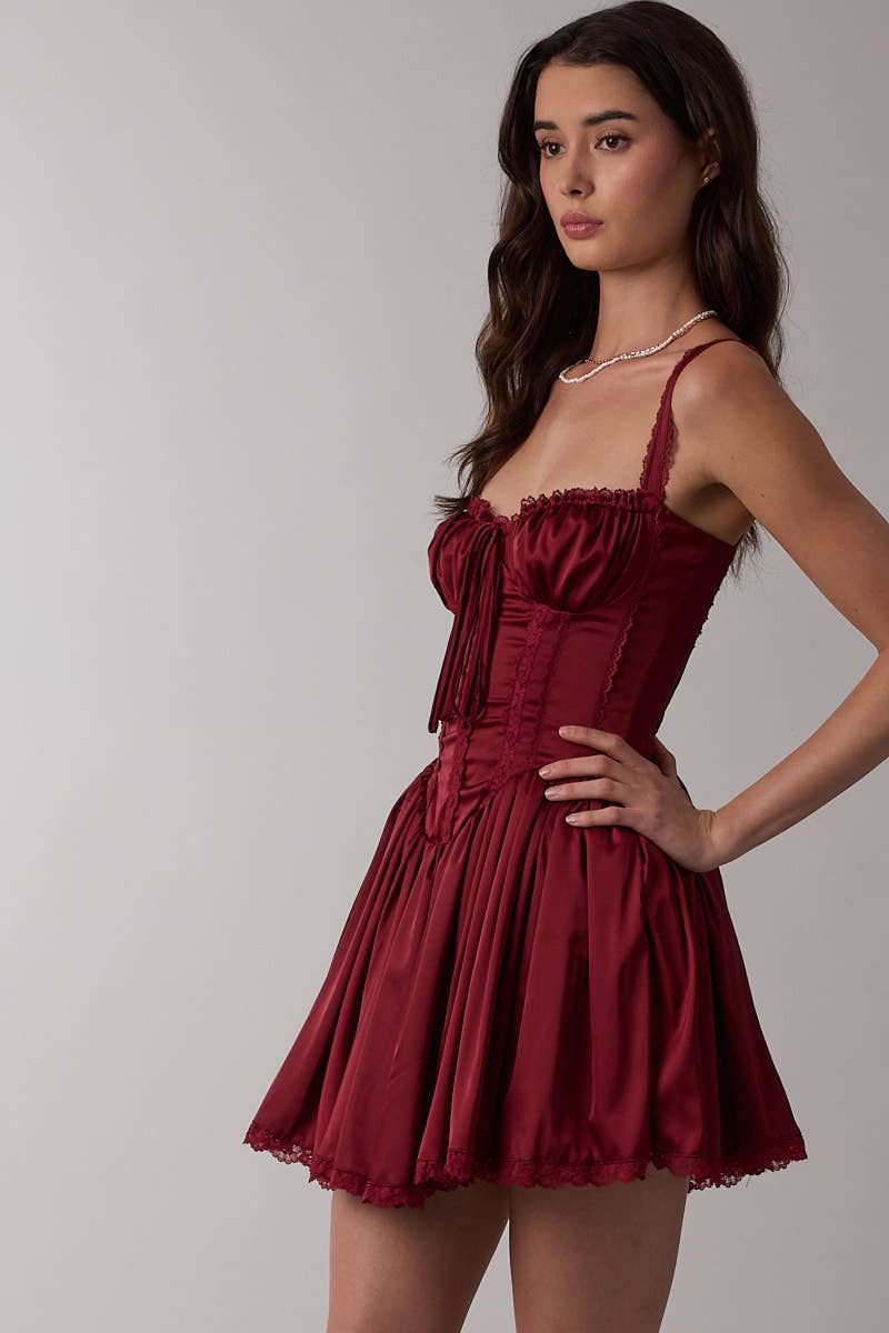 Sky to Moon - Wholesale Dress - Women's - SATIN CORSET SHAPE LACE TRIM FLARE MINI DRESS5