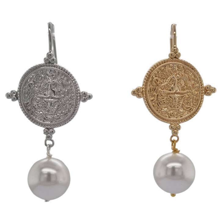 PearlGem Designs - Wholesale Dangle earrings - Goddess Greek Coin Shell Pearl Earrings1
