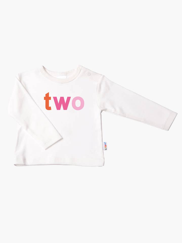 Children's long-sleeve shirt in ecru with "two" in colorful letters for wholesale by Liliput