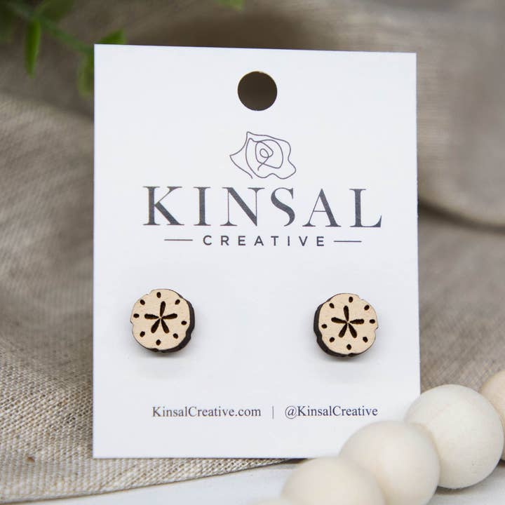 Sand Dollar Wood Stud Earrings for wholesale by Kinsal Creative