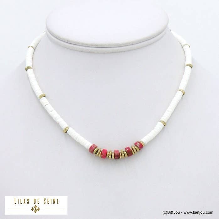 Necklace: stainless steel surfer discs, mother-of-pearl stone 0122019 for wholesale by Lilas de Seine