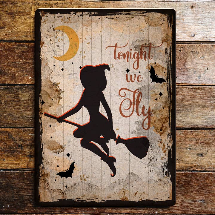 Halloween Witch on Broomstick Art Metal Sign Plaque for wholesale by The British Metal Signs Company