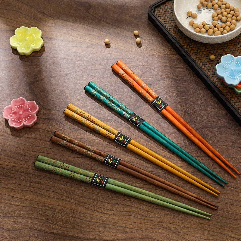 Gohobi （We cover U.S. import duties） - Wholesale Chopsticks - Gohobi A Set of 5 Pairs of Japanese Golden Flowers Wooden Chopsticks and Rests1