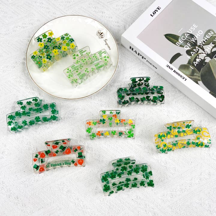 St. Patrick's Day 3.2" Rectangular Clover Green Hair Clip for wholesale by mildstyles