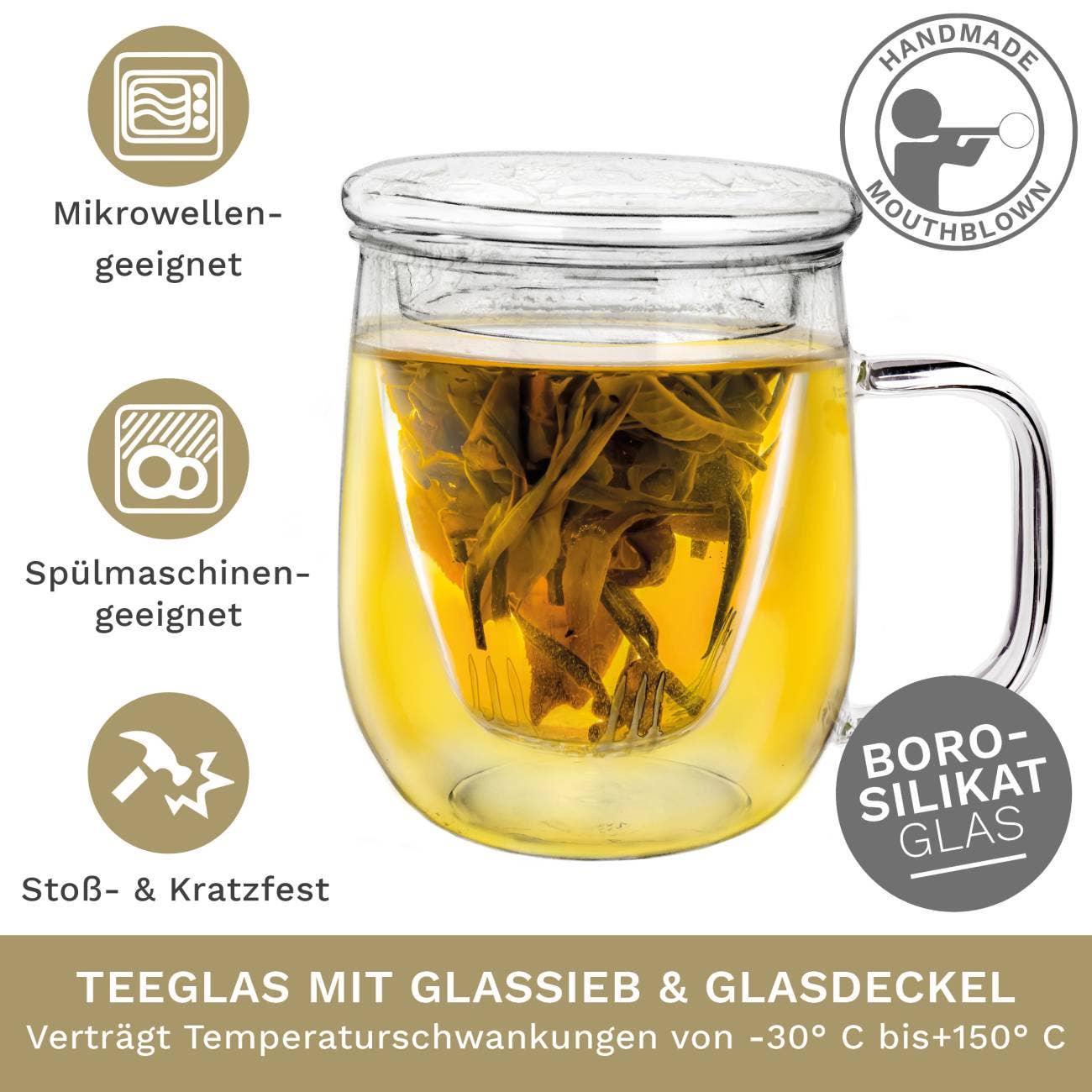 Creano - Vendita all'ingrosso Tazza da tè/caffè - Creano bicchiere per tè 450 ml - grande tazza con infusore e coperchio in vetro - ideale per preparare il tè1